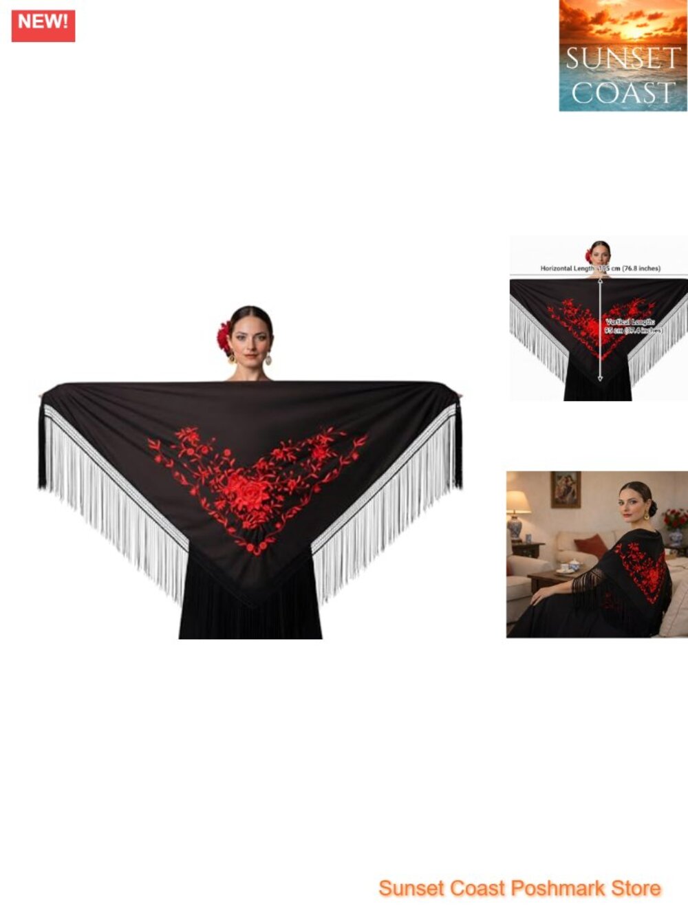 Silk Triangle Flamenco Shawl with Fringes Embroidered Wrap